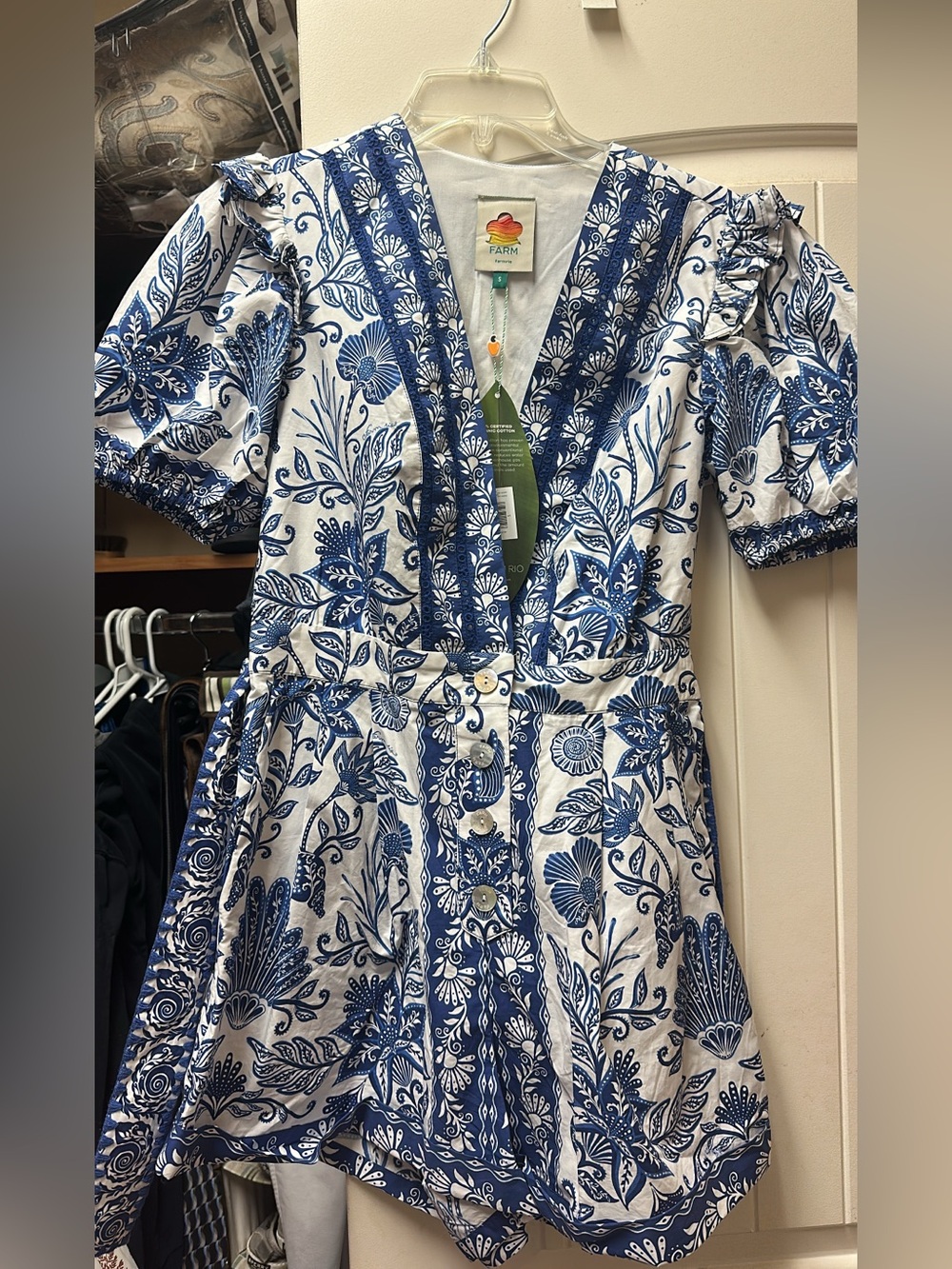 FARM Rio White and Blue Floral V-Neck Button Romper